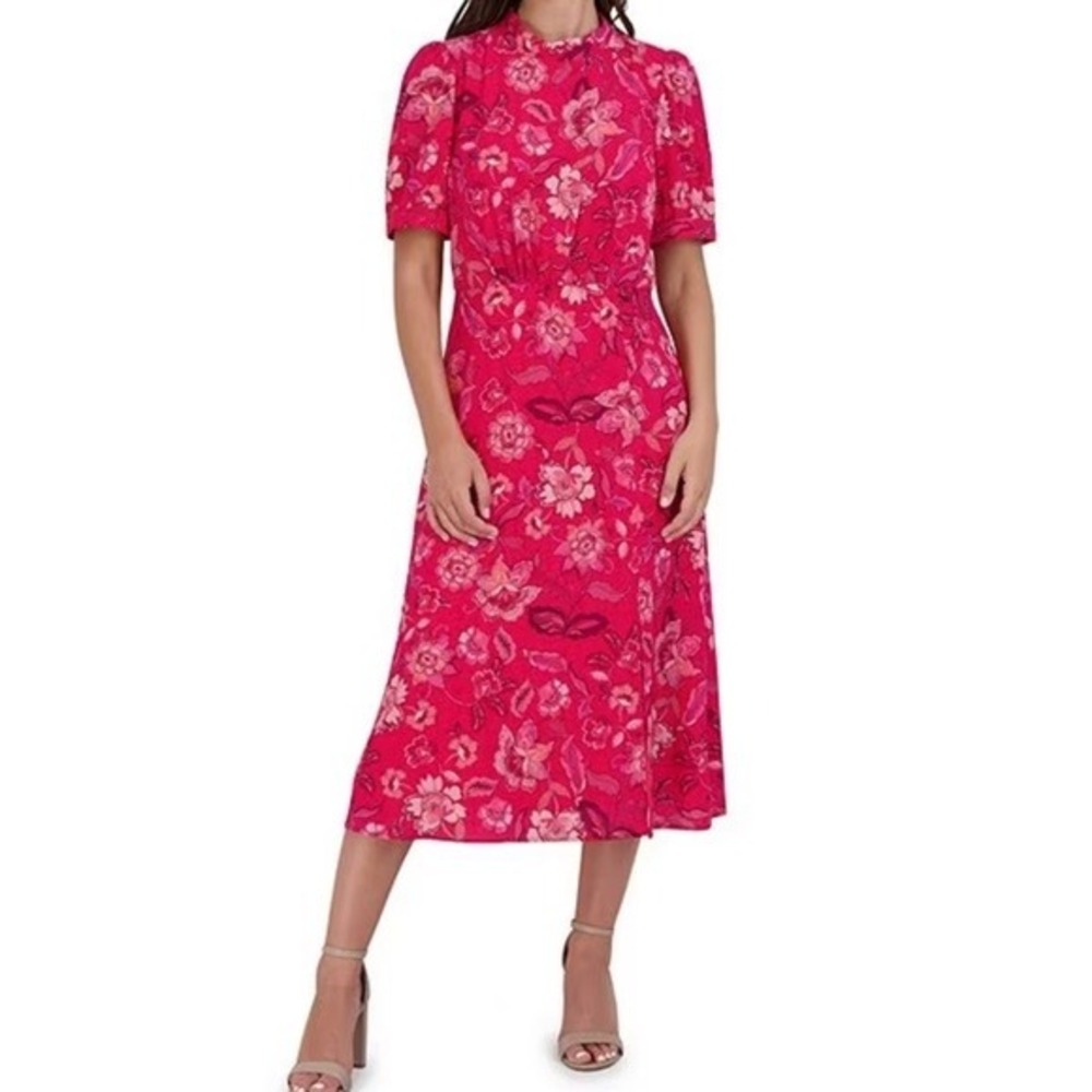 Julia‎ Jordan Floral Midi Dress Womens 8 Pink Red Puff Sleeve Bow Back High Neck